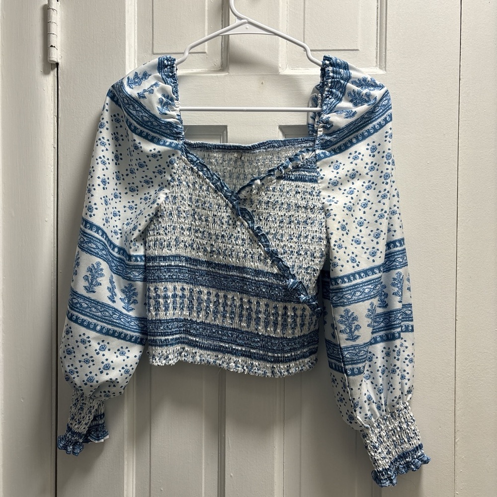 SHEIN Blue and White Floral Smocked Blouse